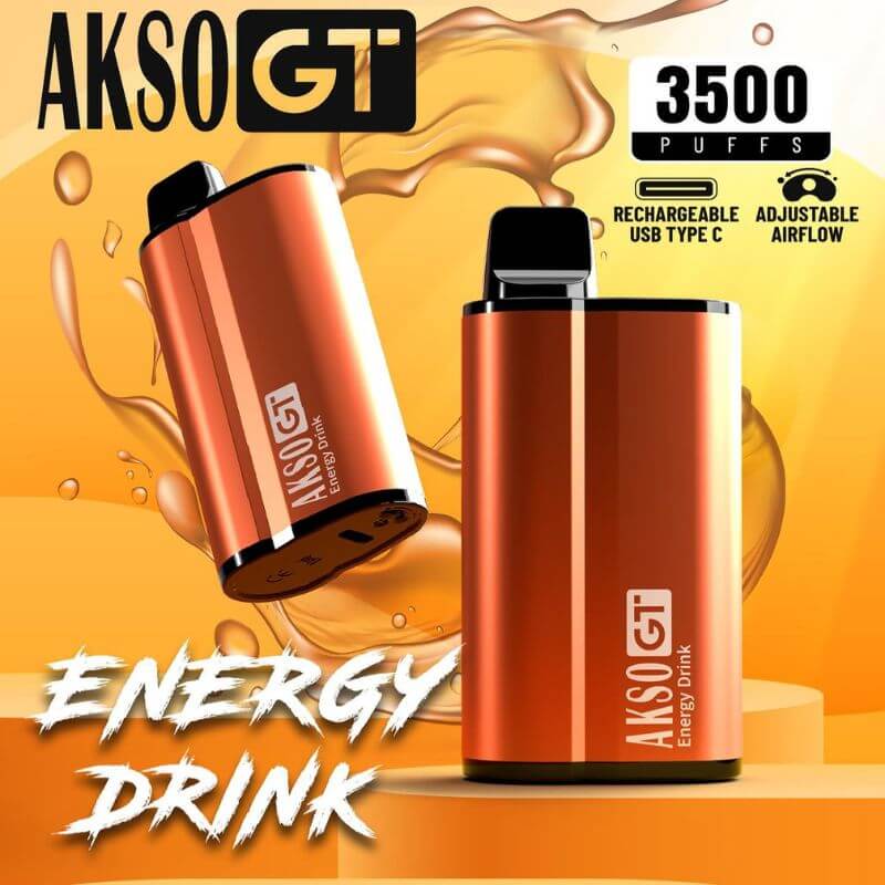 Akso GT 3500 Puffs Disposable Pod Energy Drink Flavour on gold Gradient Background
