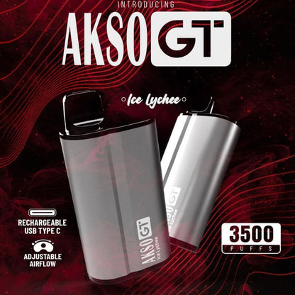 Akso GT 3500 Puffs Disposable Pod Ice Lychee Flavour on black Gradient Background