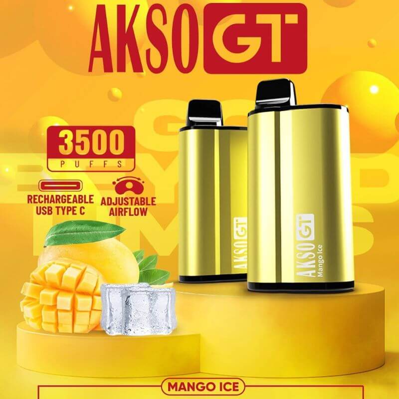 Akso GT 3500 Puffs Disposable Pod Charcoal Mango Ice Flavour on yellow Gradient Background