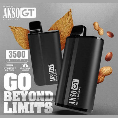 Akso GT 3500 Puffs Disposable Pod Nutty Tobacco Flavour on silver Gradient Background
