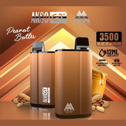 Akso GT 3500 Puffs Disposable Pod Peanut Butter Flavour on brown Gradient Background
