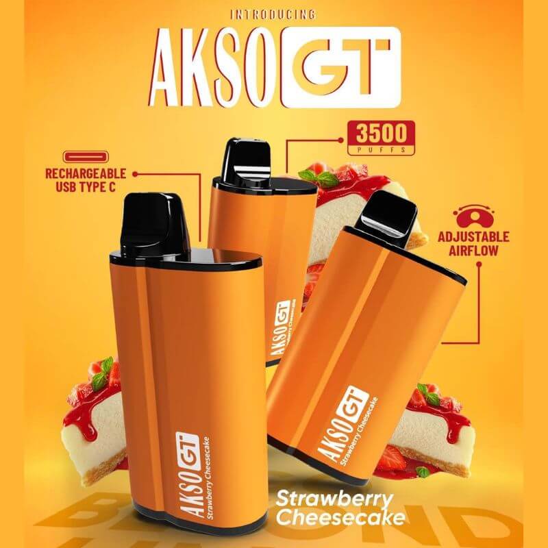 Akso GT 3500 Puffs Disposable Pod Strawberry Cheesecake Flavour on yellow Gradient Background