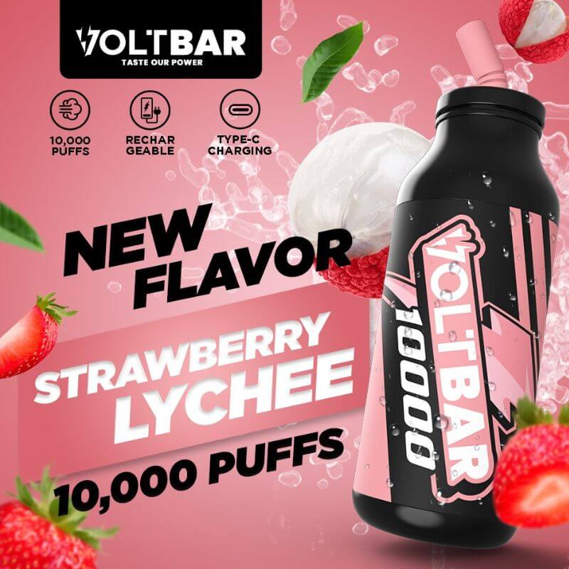 Voltbar 10,000 Puffs Strawberry Lychee flavor displayed on a pink-red gradient background. 